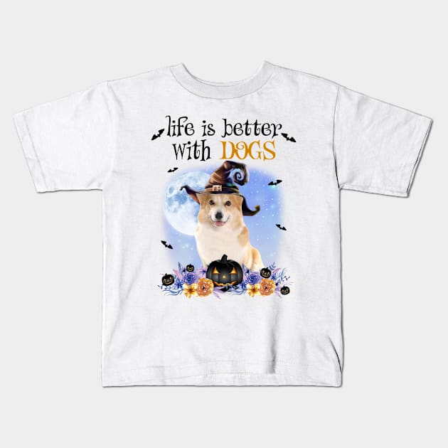 Corgi Witch Hat Life Is Better With Dogs Halloween Kids T-Shirt by cyberpunk art